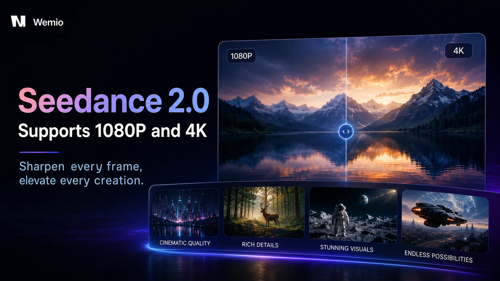 Seedance 2.0 AI video generation: 1080P vs 4K side-by-side of a sunset mountain lake, with cyber-city, forest and astronaut sample clips