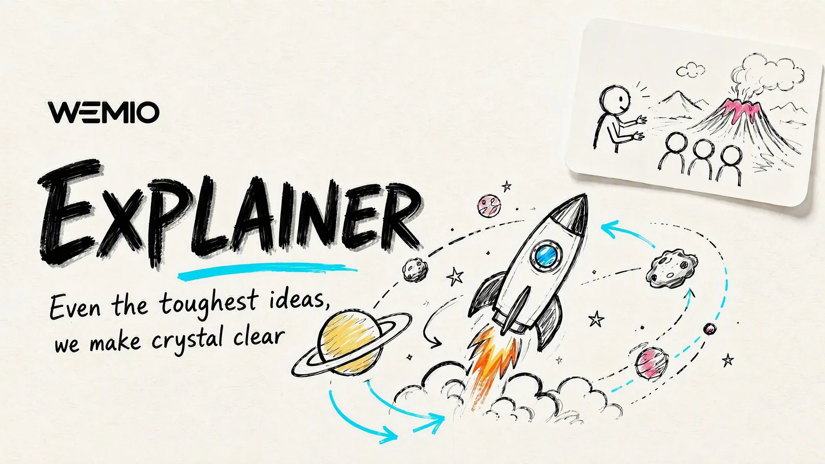 Wemio Explainer whiteboard-animation poster: a hand-drawn rocket flying through planets beside a sketch of a presenter explaining a volcano to an audience — even the toughest ideas made crystal clear