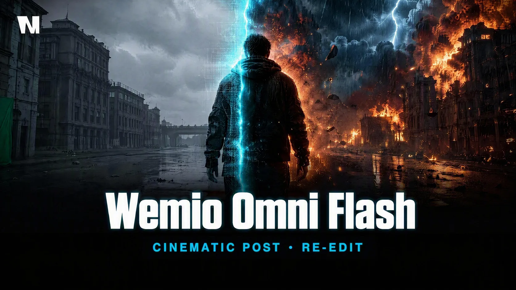 Wemio Omni Flash cinematic re-edit poster: one street shot split between raw green-screen footage and a finished cinematic storm, lightning and explosion VFX version