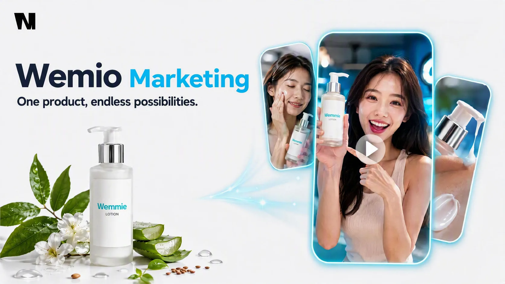 Wemio Marketing poster: one lotion product photo turned into several vertical ad videos — a model presenting the bottle, applying the lotion, and a texture close-up