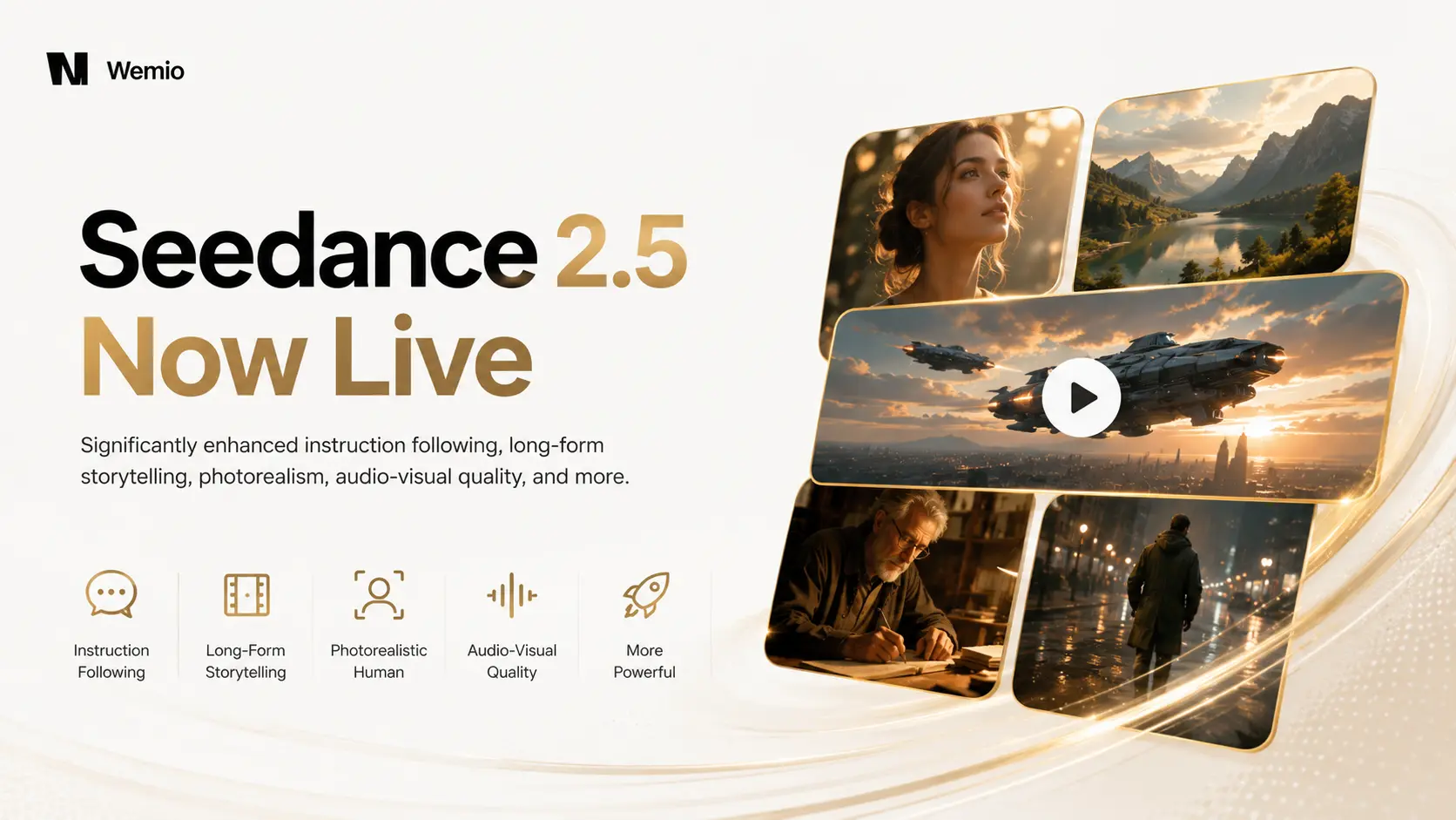 Seedance 2.5 launch poster: the Wemio Cinema Studio UI rendering a 4K cinematic character close-up over a starship-and-planet scene, with five capability upgrades listed below — prompt following, long-form narrative, lifelike performance, audio-visual quality and all-round evolution