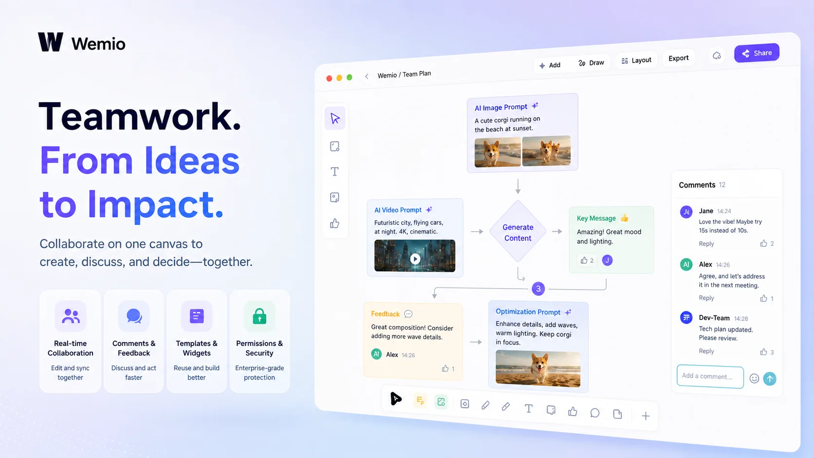 Wemio team collaboration whiteboard: real-time multi-user co-editing where AI generations, comments and @mentions flow on one shared canvas, with template libraries and enterprise-grade permissions