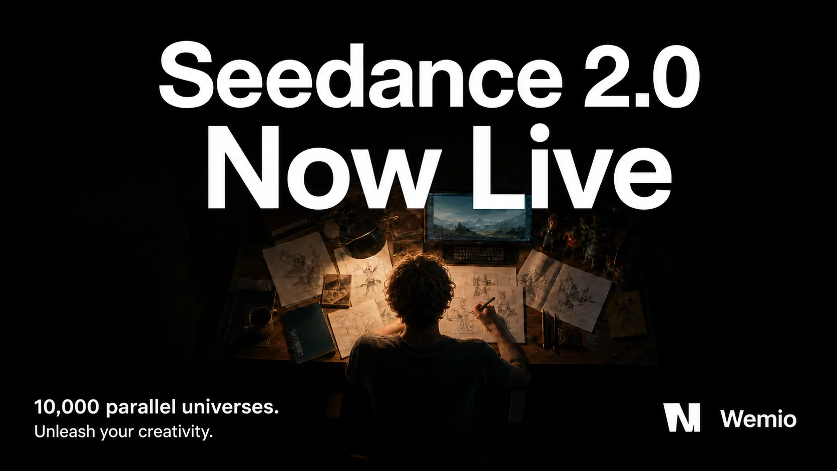 Seedance 2.0 launch poster: an artist sketches storyboards at a warm desk, laptop showing an AI-generated mountain scene — 10,000 parallel universes