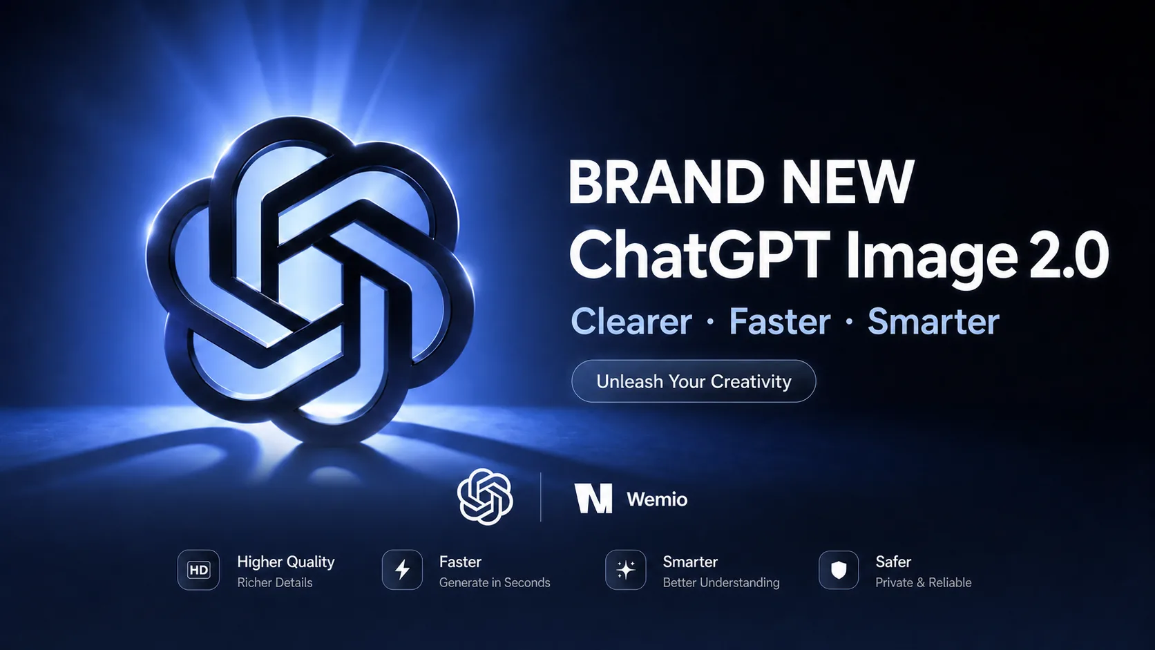 ChatGPT Image 2.0 upgrade poster: a glowing OpenAI mark — sharper, faster, smarter and safer AI image generation
