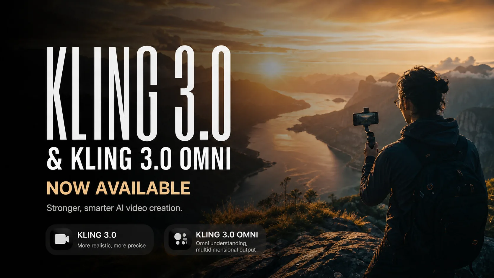 Kling 3.0 & Kling 3.0 Omni launch: a creator films a sunset fjord on a phone gimbal — stronger AI video generation with omni-modal understanding
