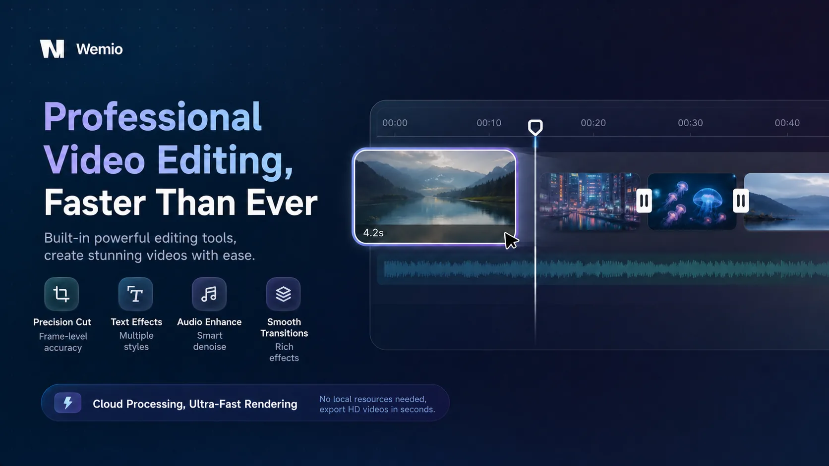 Wemio online video editor: a timeline with mountain-lake, city-night and jellyfish clips plus an audio waveform — precise cuts, subtitles, audio cleanup, smooth transitions, cloud rendering