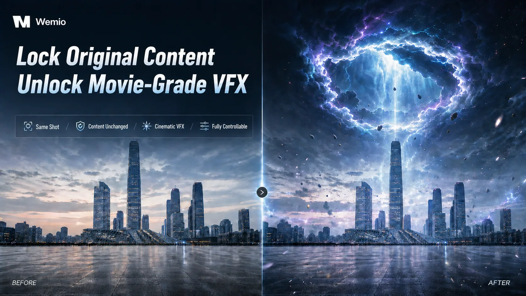 AI VFX before-and-after: the same city-skyline shot gains a cinematic storm-vortex lightning effect — footage unchanged, effects controllable