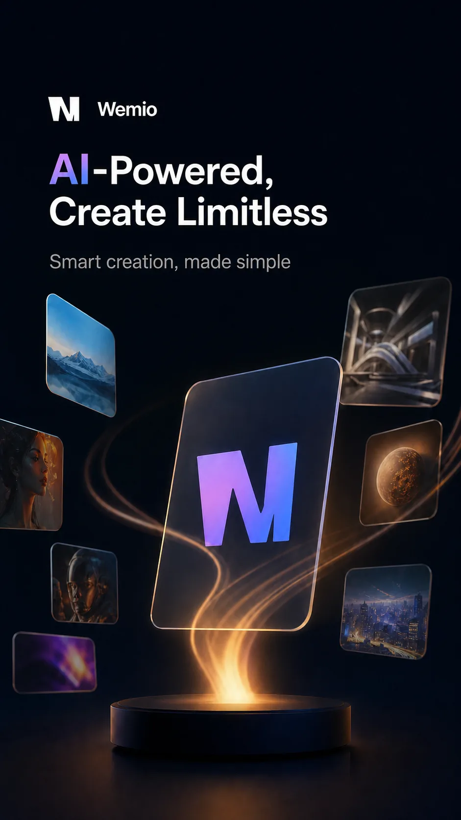 The Wemio mark on glass, surrounded by AI-generated art — mountains, portraits, robots, planets and city nights: create without limits with AI
