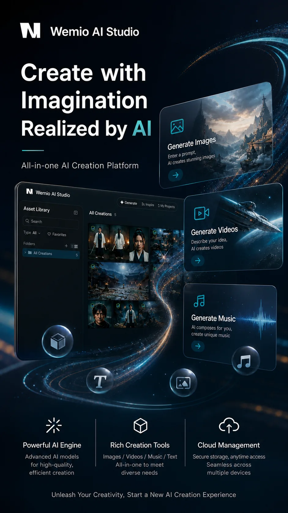 Wemio Cinema Studio, an all-in-one AI creation platform: image, video and music generation, shown with a wuxia-style asset library