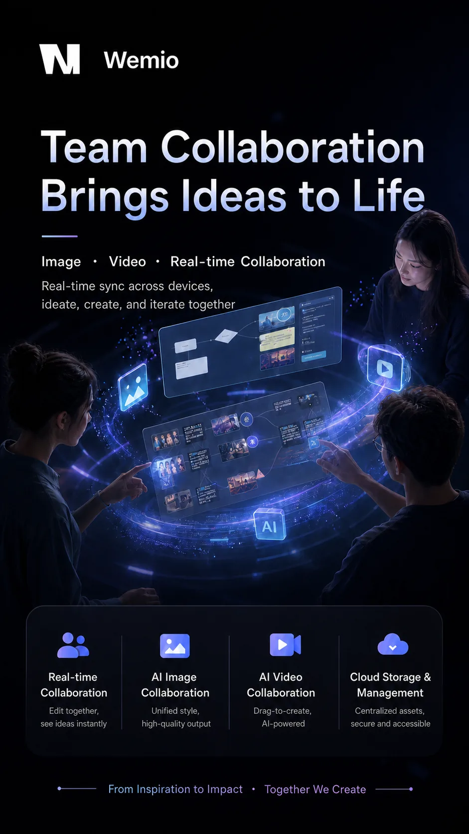 Three creators around a holographic canvas: real-time collaborative AI image and video generation with cloud asset management
